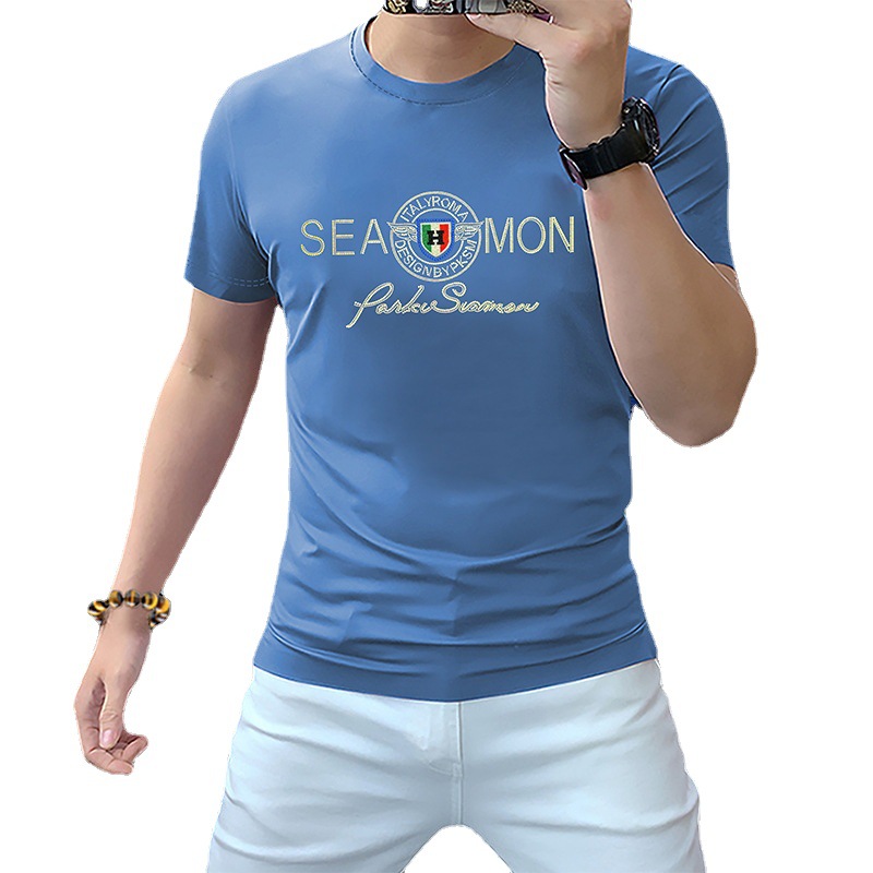 European high-end fashion brand short-sleeved T-shirt men's rhinestone letters summer new high-texture mercerized cotton light luxury men's clothing
