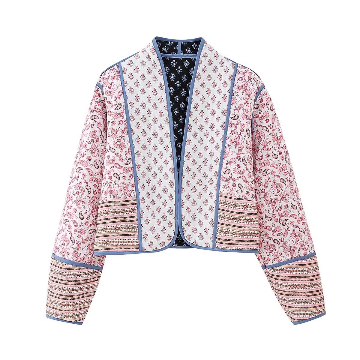 European and American Amazon Women's printed two-sided quilted jacket cardigan color matching small cotton-padded jacket cotton-padded coat female D15733