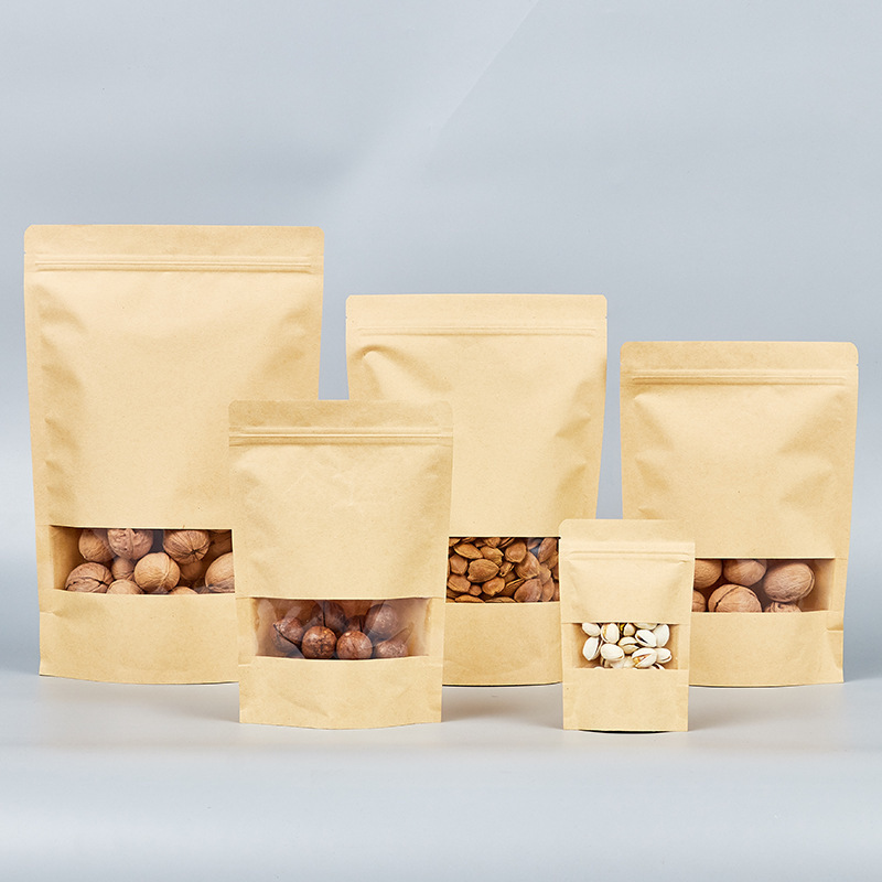 Frosted window Kraft paper bag packaging bag self-standing self-sealing bag Kraft paper bag tea nut Kraft paper bag