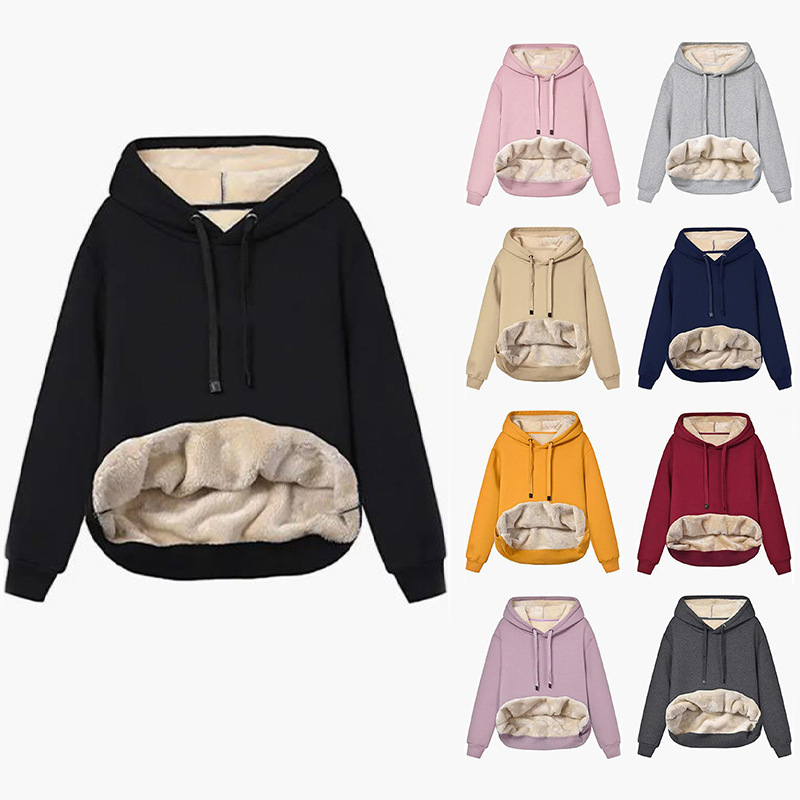 European and American cross-border Amazon popular 2023 Winter Women's warm lambswool pocket hooded sports sweater jacket