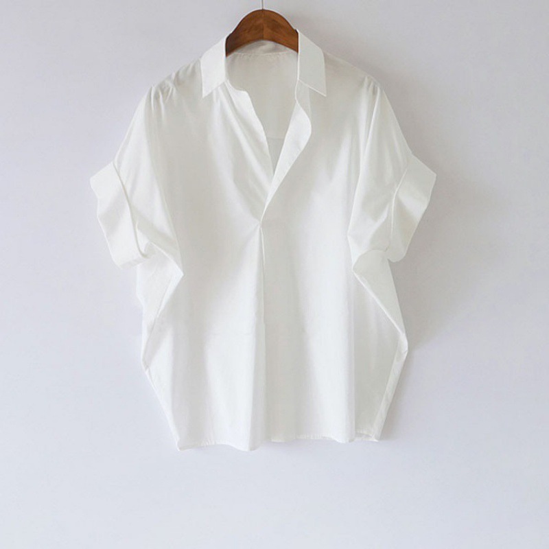 Vintage Hong Kong Style Short Sleeve Shirt Women's Summer New Style All-match White Shirt Loose Bat Sleeve Collar Top