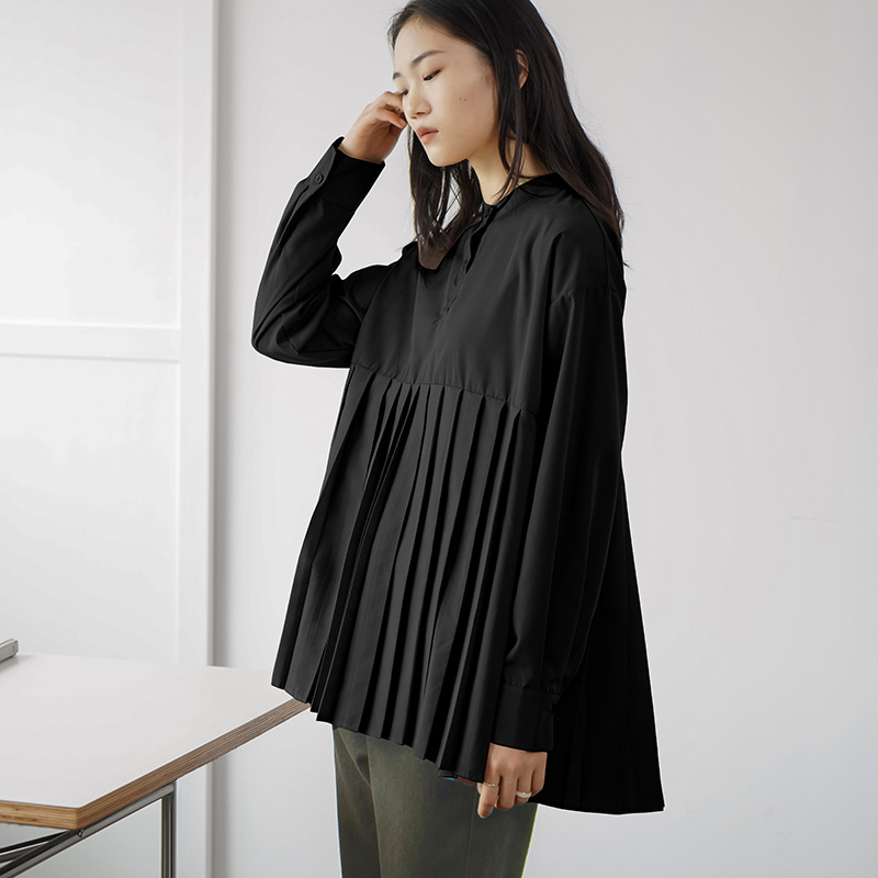 Japanese Letian new 4-color 2022 spring loose pleated shirt Women's Mid-length bottoming shirt Real shot