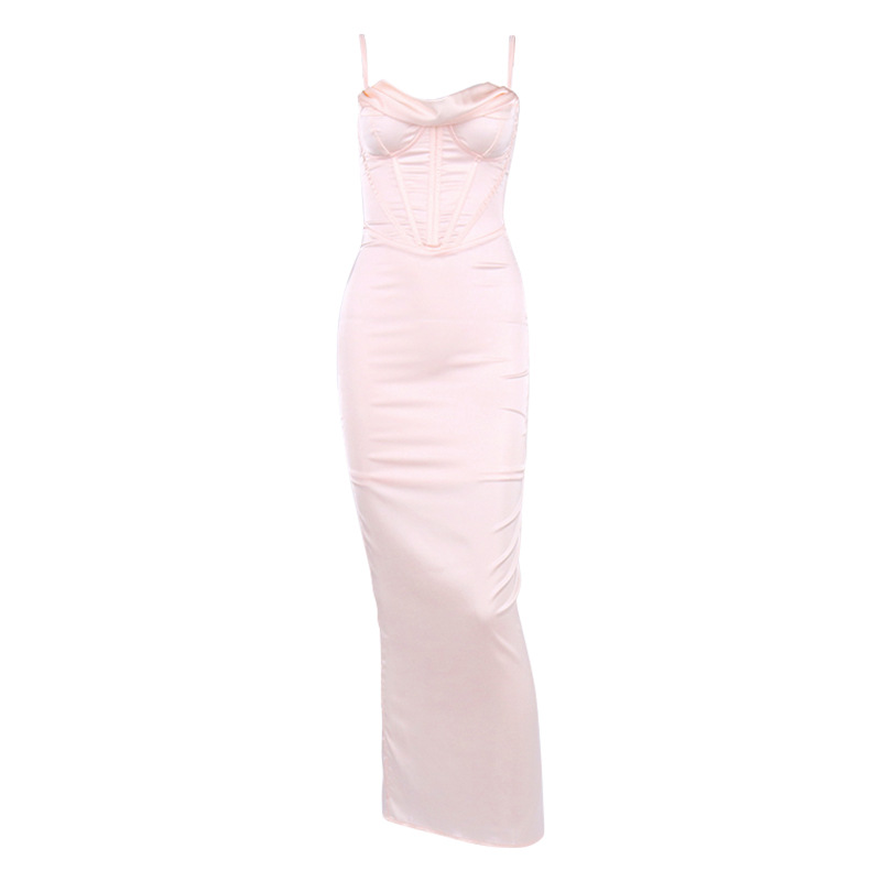 Europe and the United States sexy women's dress Amazon new sexy pile collar satin Fishbone pleated suspender dress