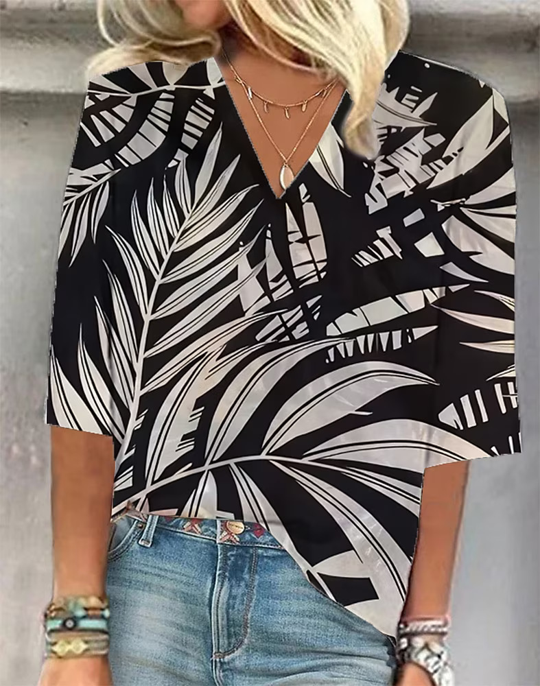European and American Cross-border Amazon TEMU Spring and Summer Explosions Women's 3D Printed V-Neck Pullover T-Shirt Casual Seven-point Sleeve Top