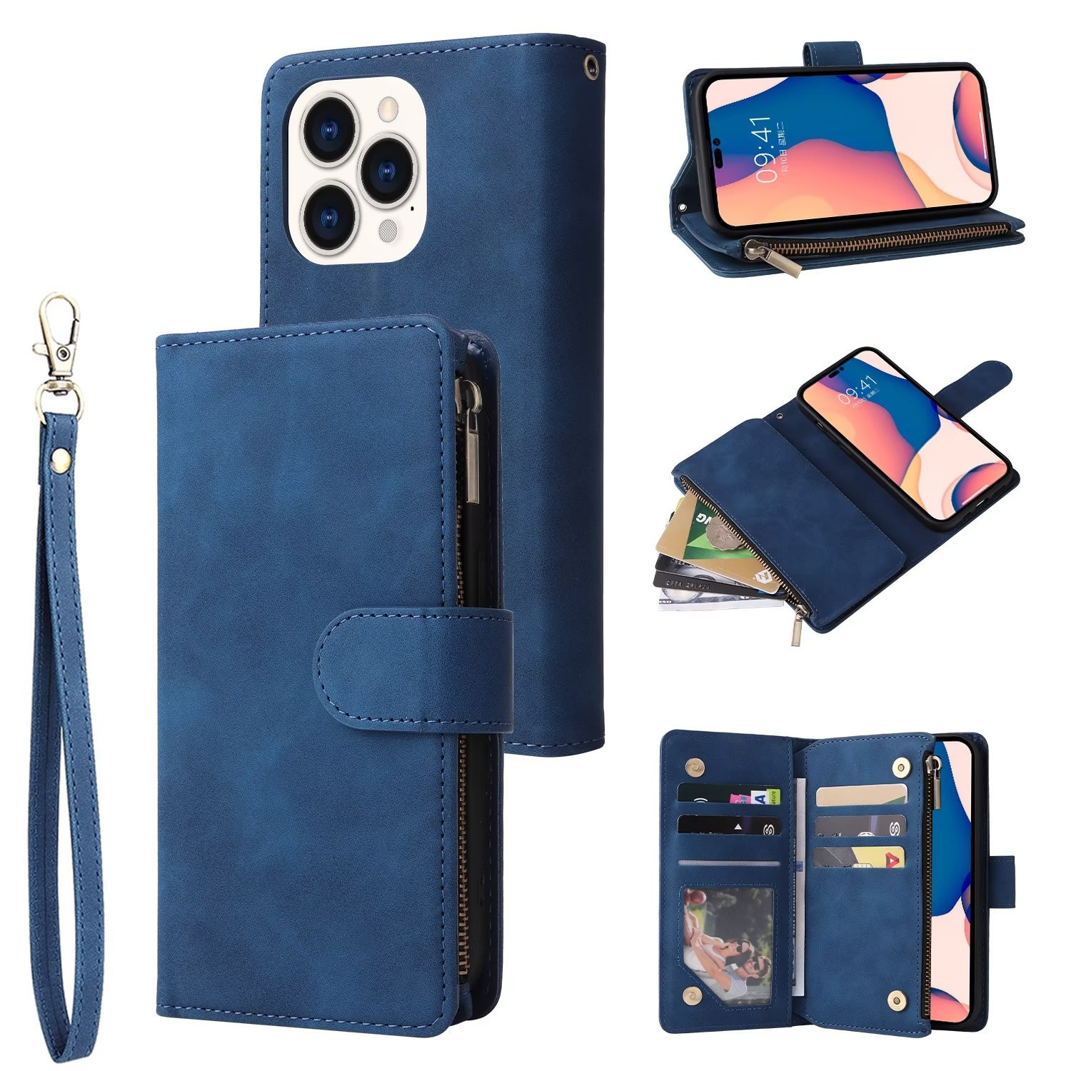 For iPhone14 Skin-feeling Mobile Phone Leather Case Apple 16pro Multi Card Zipper Case XR Wallets Case