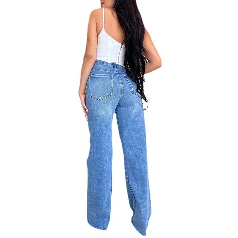 Factory direct Amazon ladies jeans long high waist ripped Burr selling European and American style comfortable wide leg pants