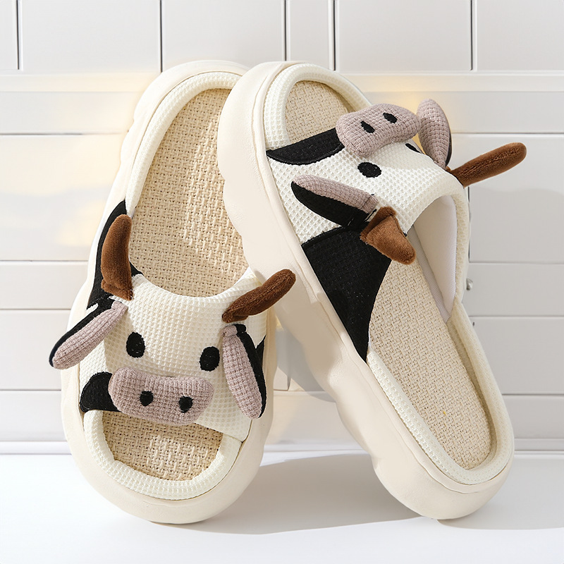 Cross-border Cute Cartoon Cow Linen Slippers Indoor Home Non-slip Summer Men's and Women's New Shit-feeling Cotton Linen Sandals - ShopShipShake
