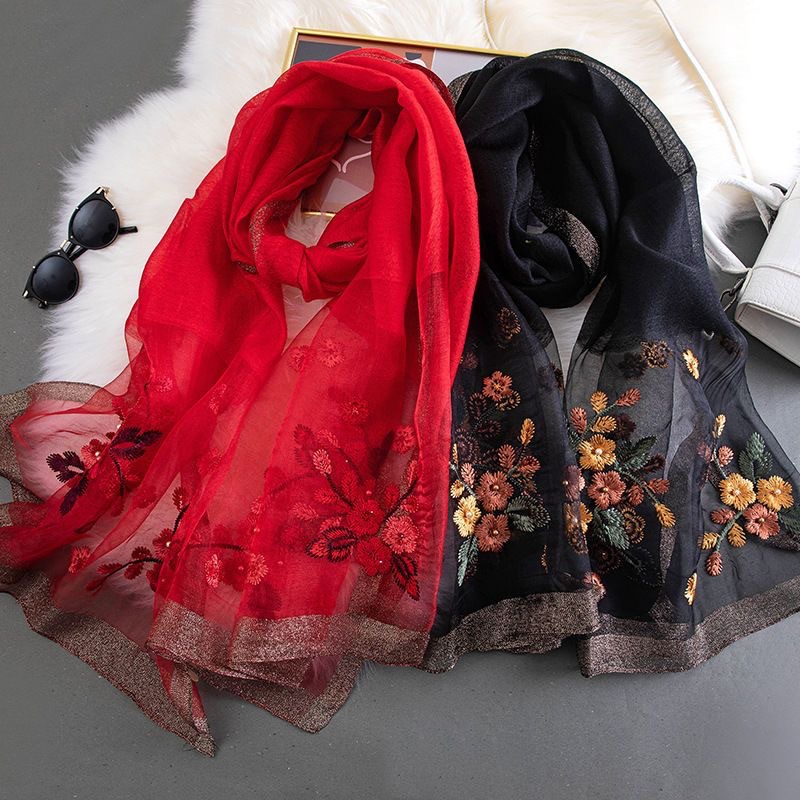 Silk scarf women's wool embroidered Begonia flower scarf long spring and autumn fashion middle-aged mom summer sun protection shawl