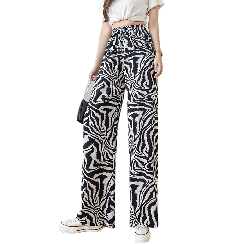 Ink Painting Wide-leg Pants Women's 2025 Summer New High Waist Dosing Loose Chessboard Ice Silk Pants Straight Casual Pants