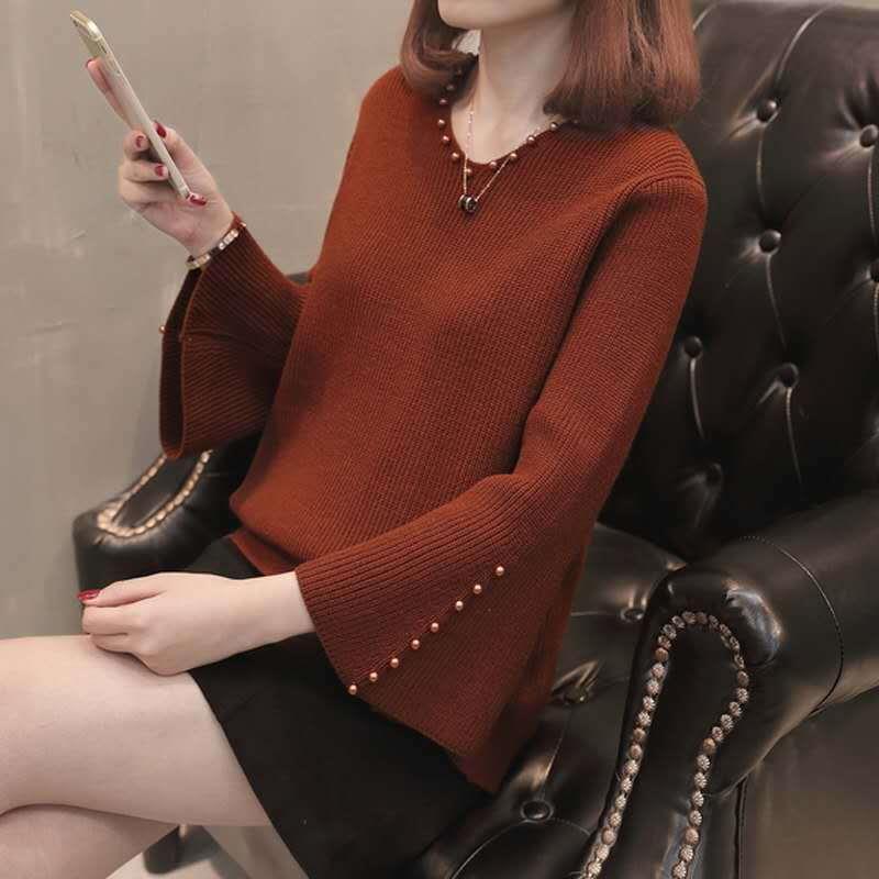 New Women's 2023 Korean Style Autumn Sweater Women's Pullover Bead Korean Style Loose Short V-neck Base Knitted Sweater