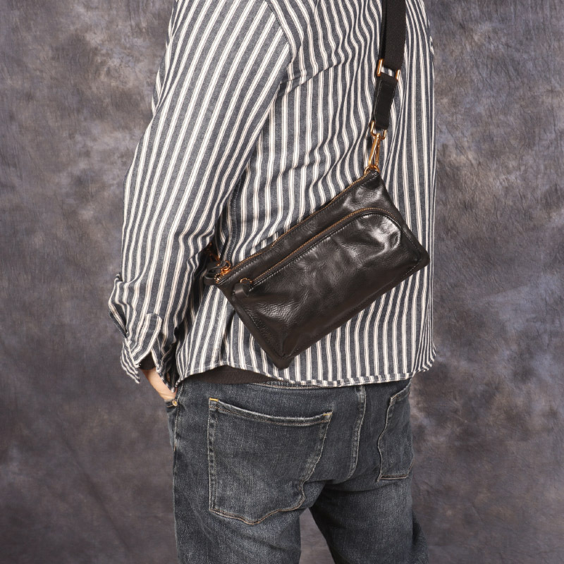 Wholesale New Genuine Leather Cowhide Chest Bag Men's Retro Motorcycle Crossbody Shoulder Bag Vegetable Tanning Tree Cream Pleated Mobile Phone Bag