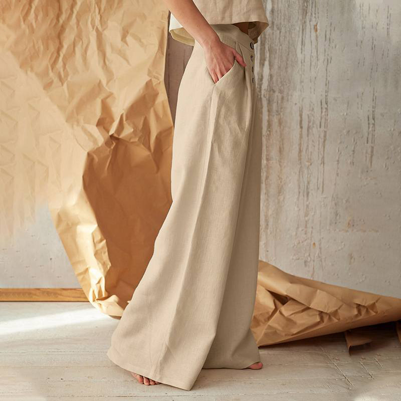 2023 Ma Xun eBay women's solid color high waist casual button cotton linen wide leg pants
