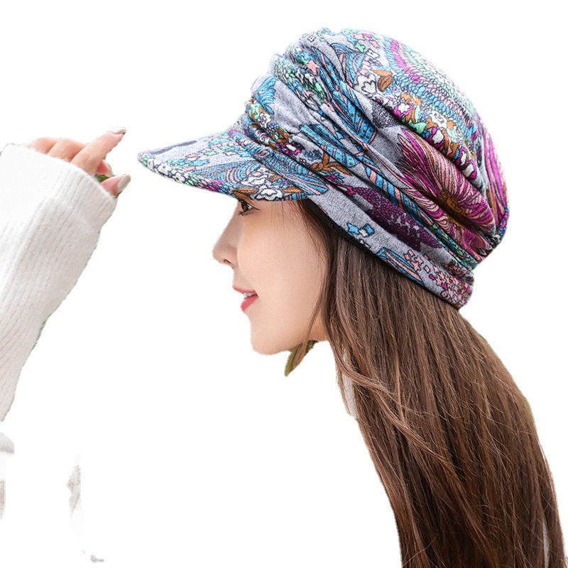 New Short Brim Floral Hat Women's Korean-style All-match Soft Brim Ethnic Style Cap Autumn and Winter Warm Hat