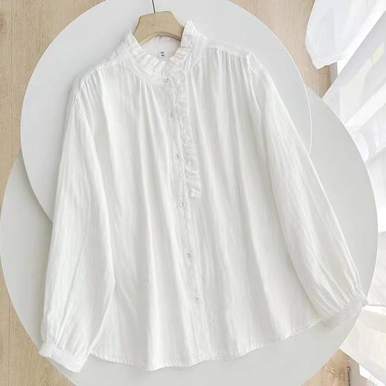 Chinese Style Artistic Retro Solid Color Shirt Women's 2024 Spring and Autumn New Cotton and Linen Ruffled Long Sleeve Cardigan Top
