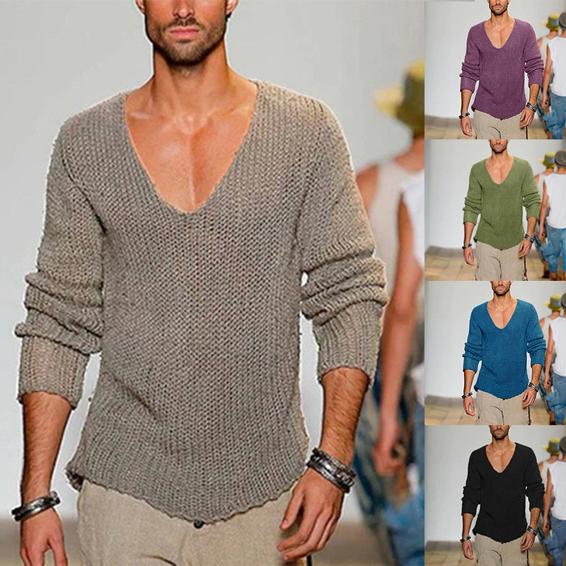 European and American Men's Long-sleeved V-neck Loose Large Size Men's Fashion Casual Solid Color Knitted Pullover Cross-border Sweater