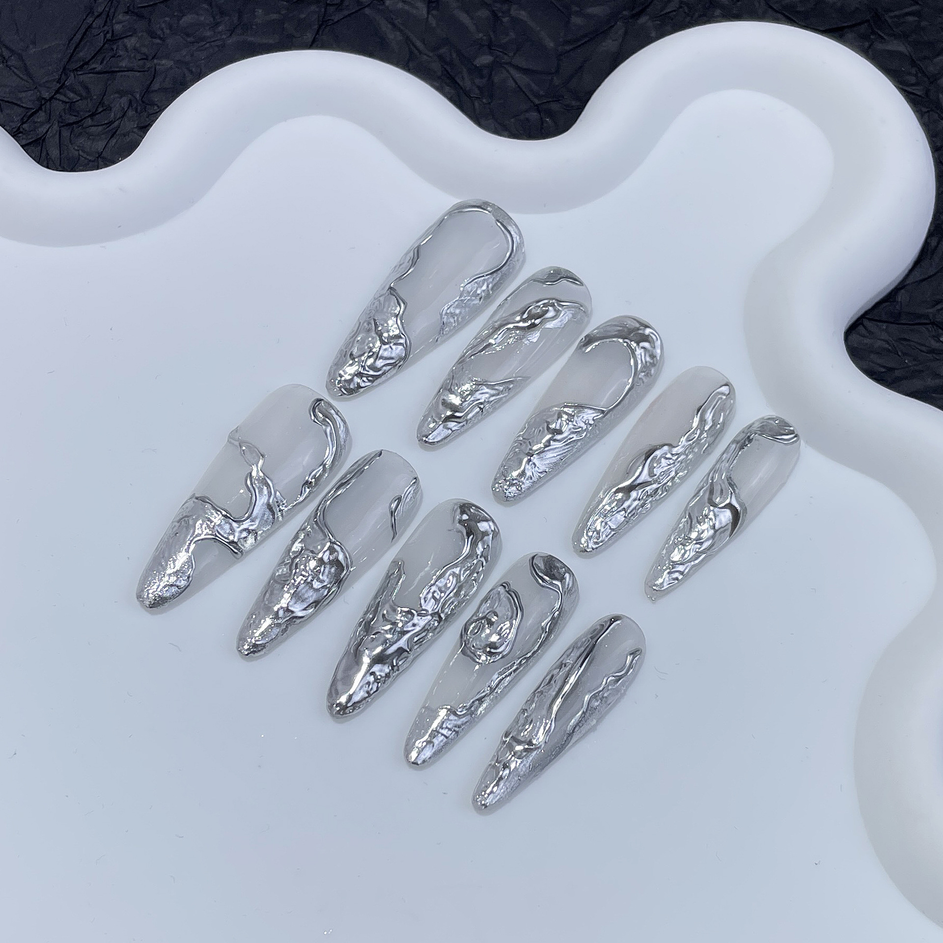Irregular Three-Dimensional Metal Hot Girl Hand-Wear Armor Advanced Cold Tone Silver Magic Mirror Powder Finished Nail Art Patch
