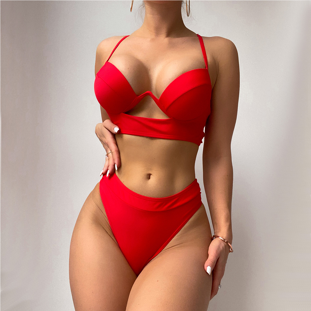 2023 Yixi New Cross-border European and American Women's Swimsuit with Steel Tracer Hard Bag Nylon Solid Color Hollow-out Sexy Bikini