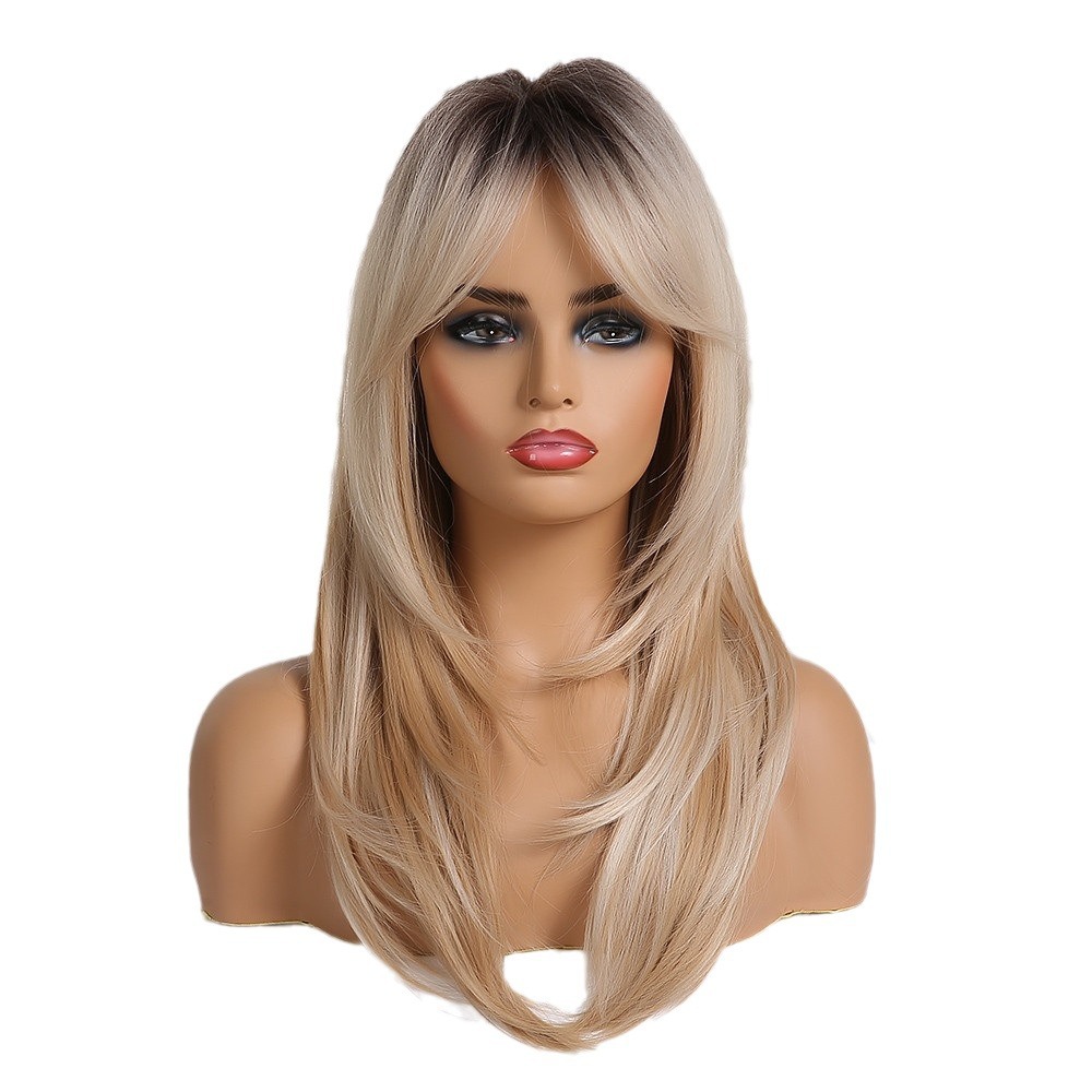 Eight-character bangs medium-length textured straight hair European and American intellectual wig female mechanism golden chemical fiber headgear layer Wigs