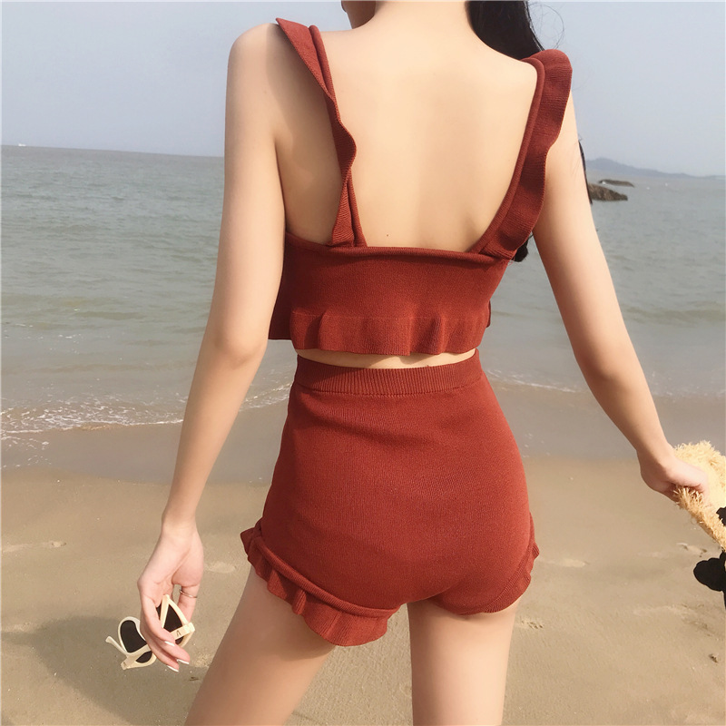 Women's Split Swimsuit Flat Angle Conservative Slim Look Korean ins Style Small Chest Gathered Sexy bikini Hot Spring Swimsuit