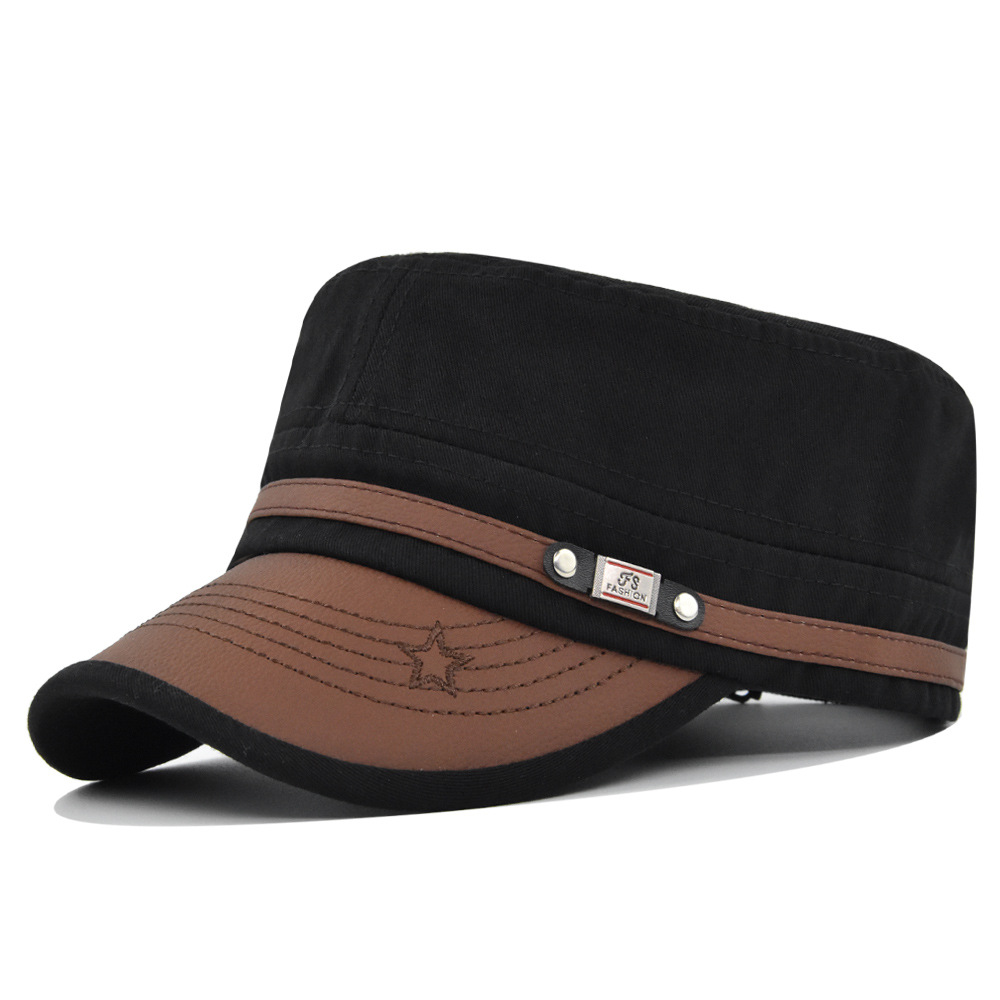 Flat cap cap men's leather hat brim hat Ba embroidered five-pointed star hat curved eaves leisure mountaineering sun hat