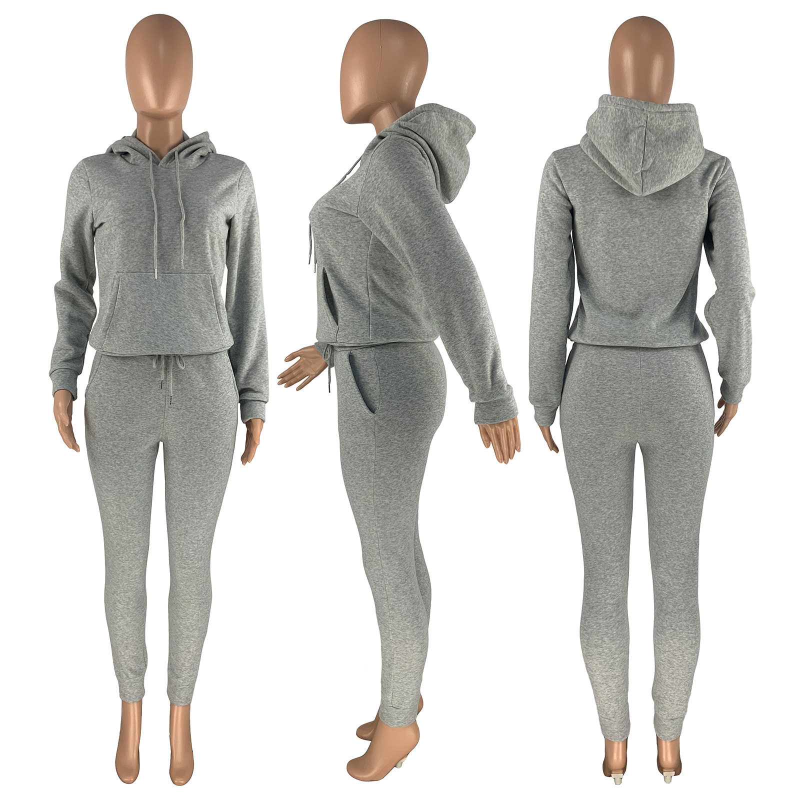 HR8197 European and American women's clothing  independent station supply autumn and winter plus velvet drawstring hooded two-piece set_voghion.com