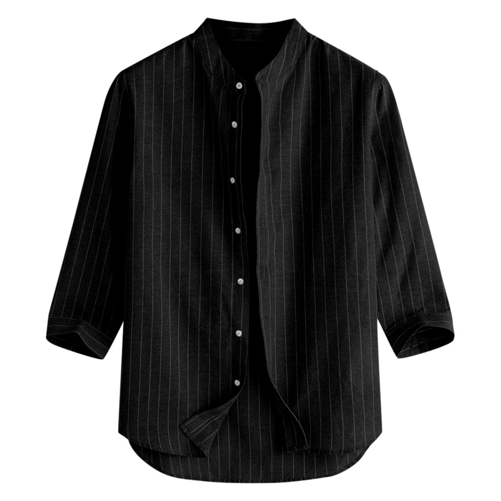 2019 New striped youth linen three-quarter sleeve men's shirt fresh Artistic style