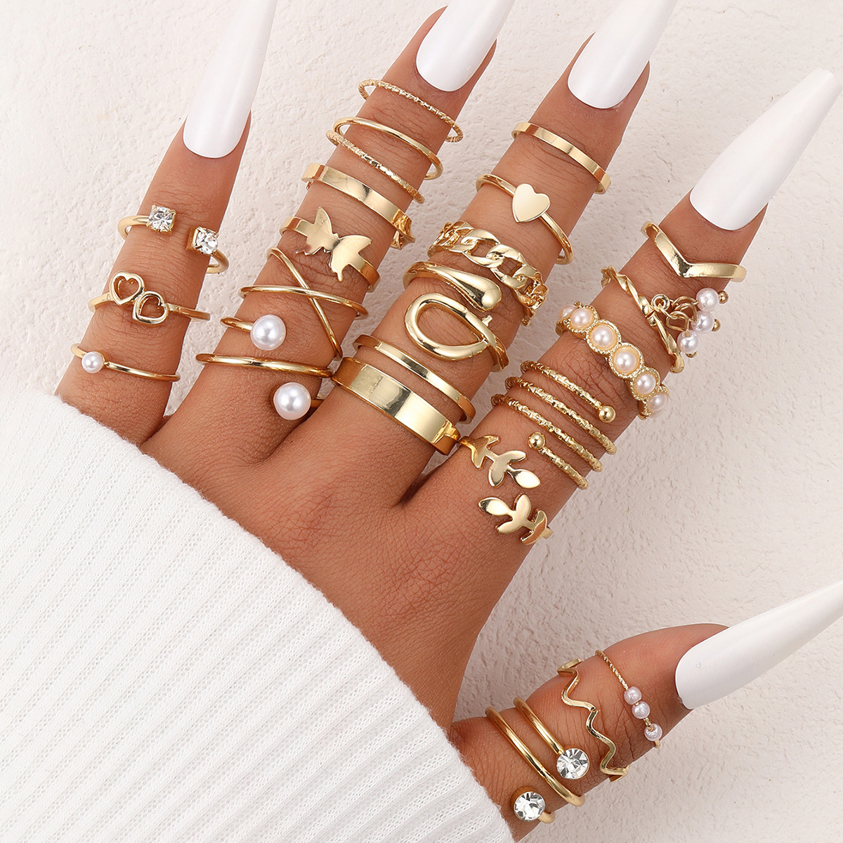 Cross-border Hot-selling Gothic Personality Open Finger Ring Multi-joint Ring suit 22 Piece Set Hollow-out Love Geometric Hand Ornaments