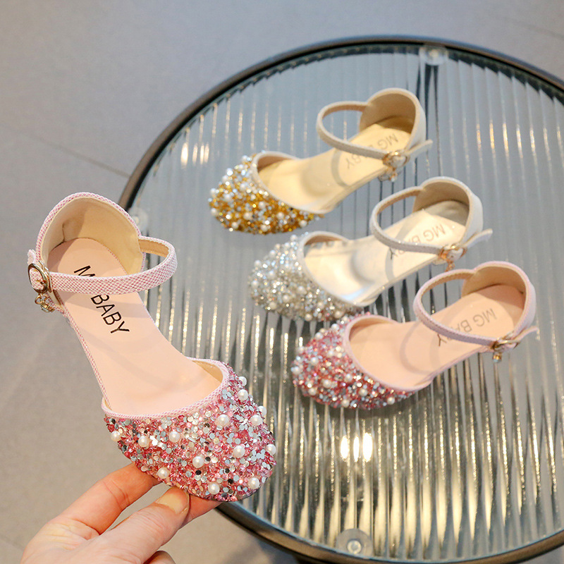 Spring and summer 2023 new girls rhinestone Princess small leather shoes students Pearl shoes big children's performance dance shoes tide