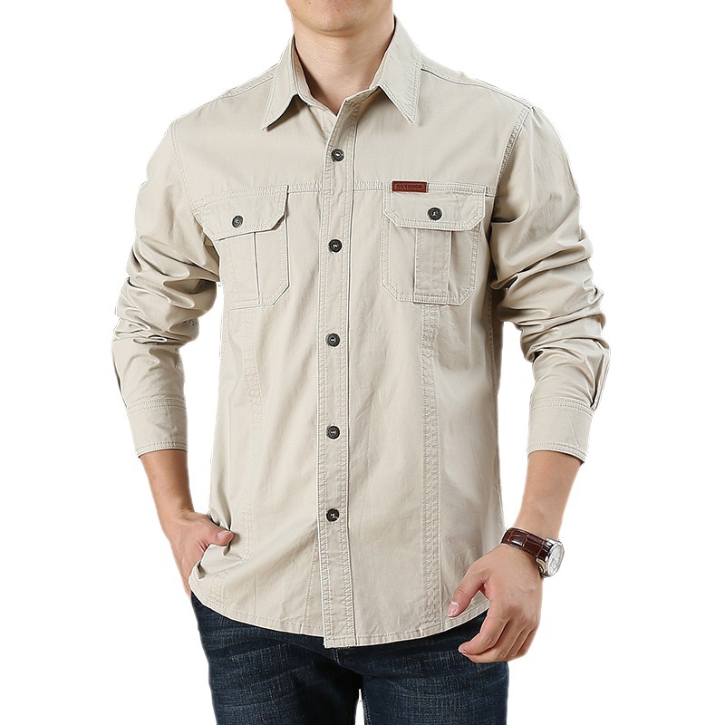 Men's casual loose long-sleeved shirt New plus size solid color young and middle-aged shirt autumn workwear pocket