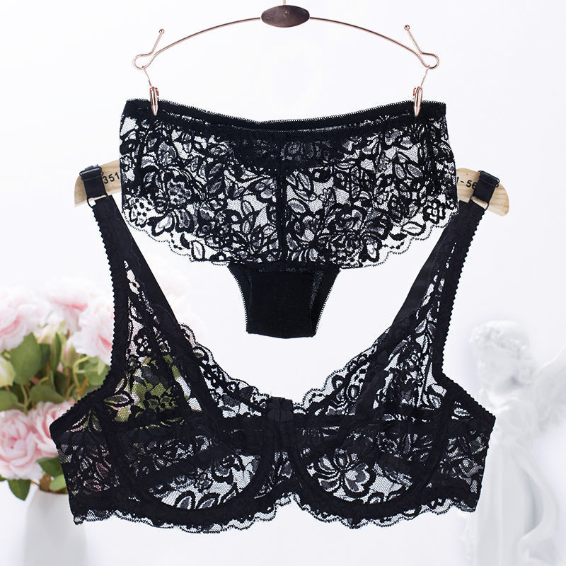 Bra set women's sexy full lace transparent bra push-up girl's ultra-thin breathable, comfortable and soft underwear