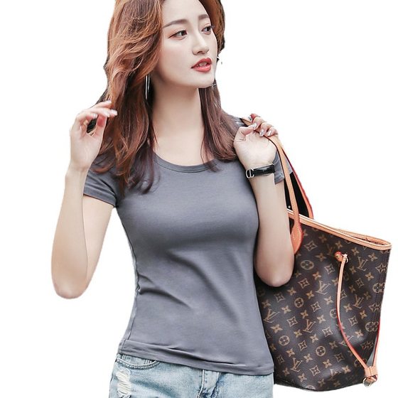 Smoke Grey T-Shirt Women's Short-sleeved Slim-fit Instagram Popular Summer Women's Clothing Hot Sale New Pure Cotton Tight T-shirt Top