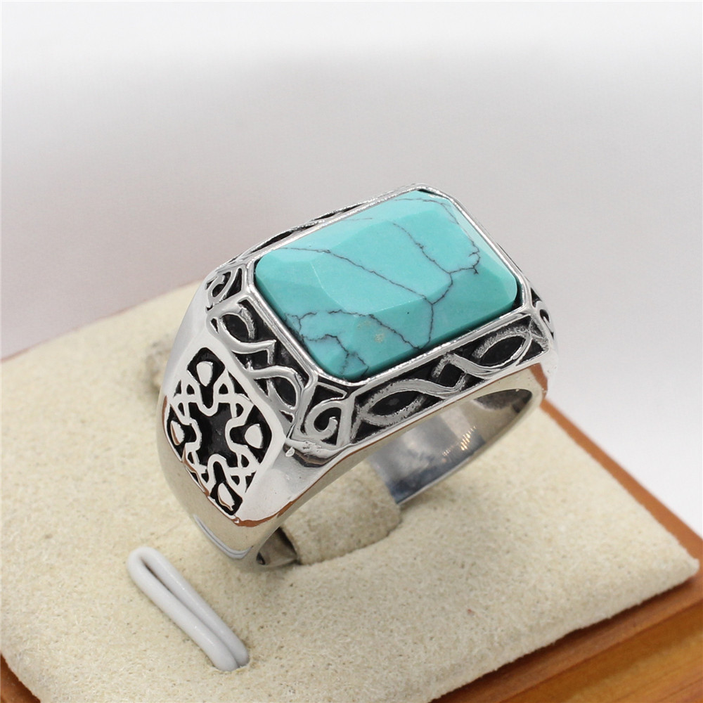 R0629-NK01 外贸饰品批发 个性复古欧美风朋克绿宝石男士钛钢戒指
