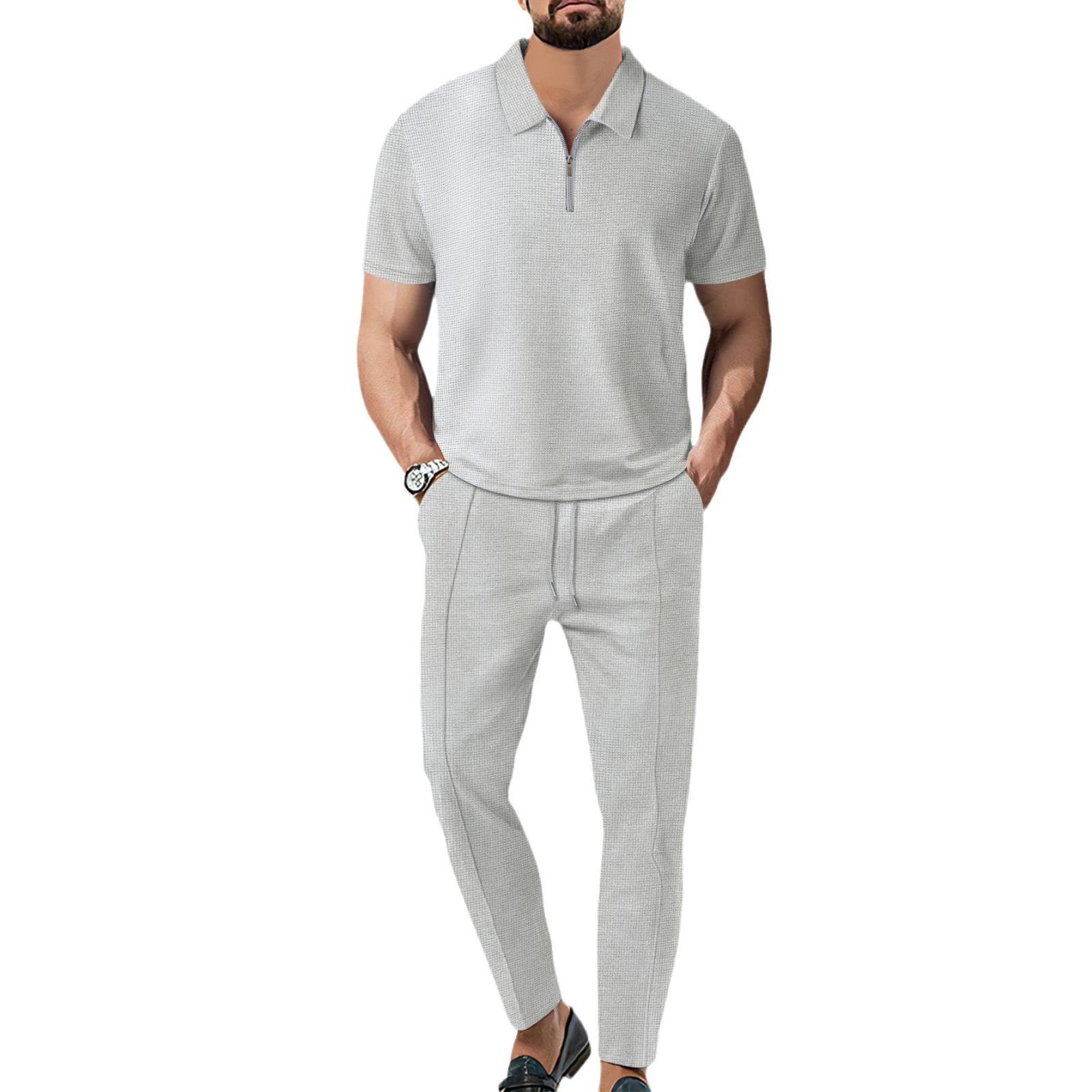 Fall 2023 new European and American Foreign Trade men's solid color suit waffle lapel short sleeve zipper trousers suit
