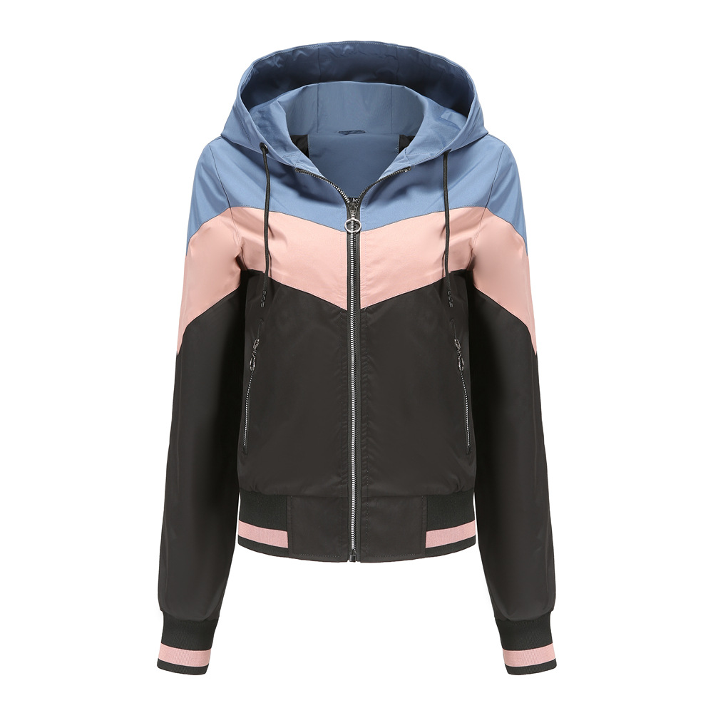 Women's Thin Windbreaker Women's Spring and Autumn Hooded Jacket Women's Outdoor Raincoat Color Matching Pull Rope Jacket_voghion.com