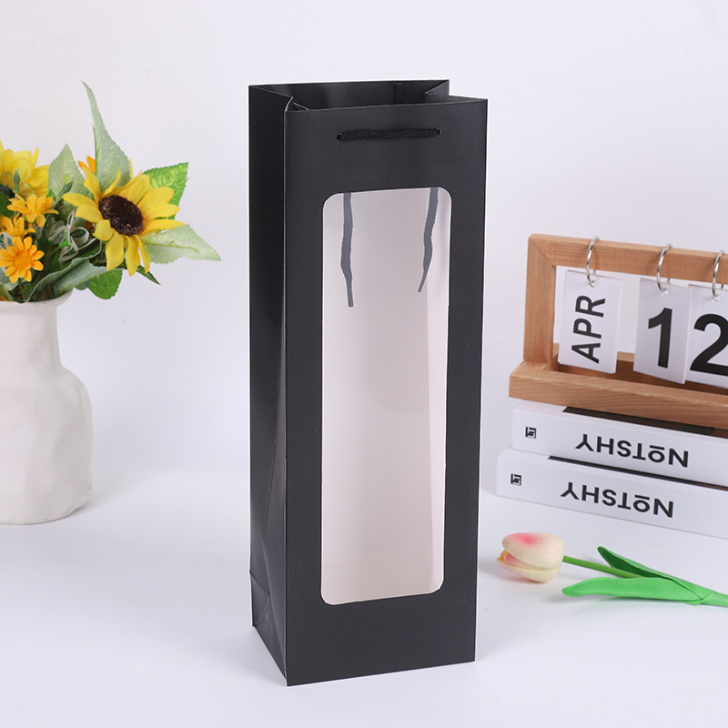 New single red wine portable gift bag open window paper Kraft paper bag transparent handbag rectangular gift bag