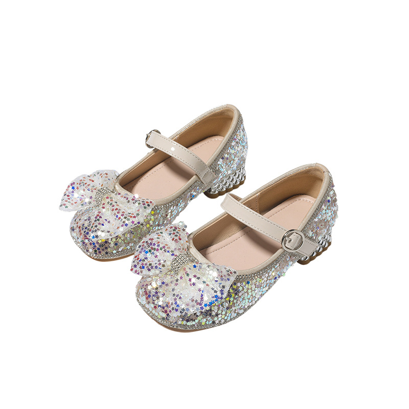 Girls' Crystal High Heels 2023 Spring and Autumn Princess Shoes Soft Sole New Arrival Bow Baby Children's Shoes Performance Shoes