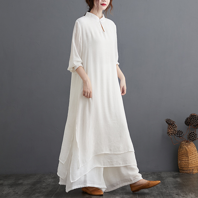 Foreign trade plus size spring original Chinese medium and long version artistic yoga clothes tea clothes Zen dance clothes suit women's artistic two-piece suit