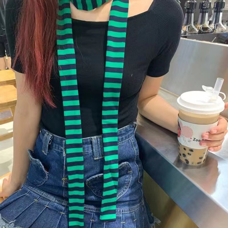 Self-produced and sold punk Harajuku style Asian culture striped thin scarf Cotton Four Seasons wearable small scarf decorative circumference