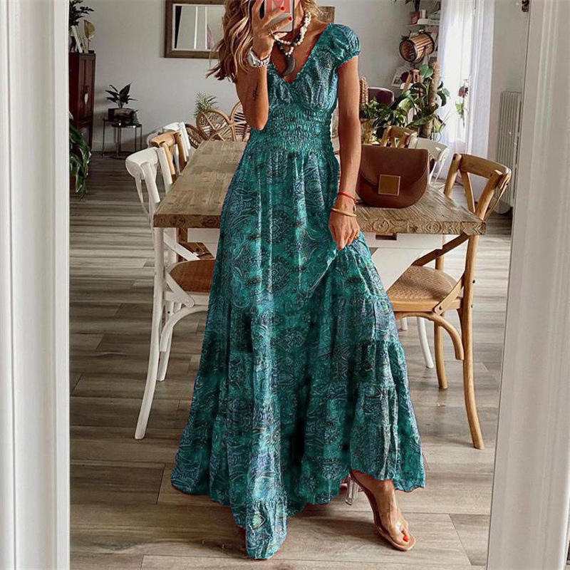 European and American cross-border bohemian style 2023 new long dress tight waist floral print large swing dress