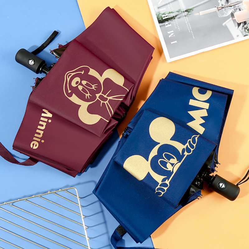 Full-automatic three-fold cute animation cartoon umbrella black rubber umbrella sun umbrella sunny rain dual-use umbrella wholesale