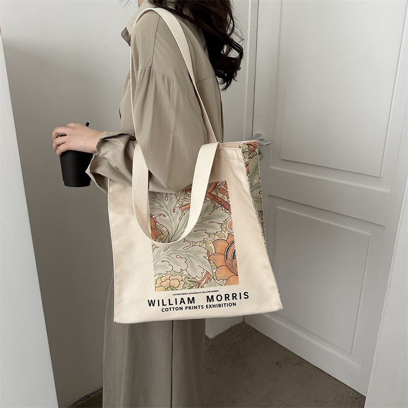 Simple Oil Painting Shoulder Canvas Bag College Style Fashion Illustration Shopping Bag Large Capacity Schoolbag Handbag for Schoolgirls