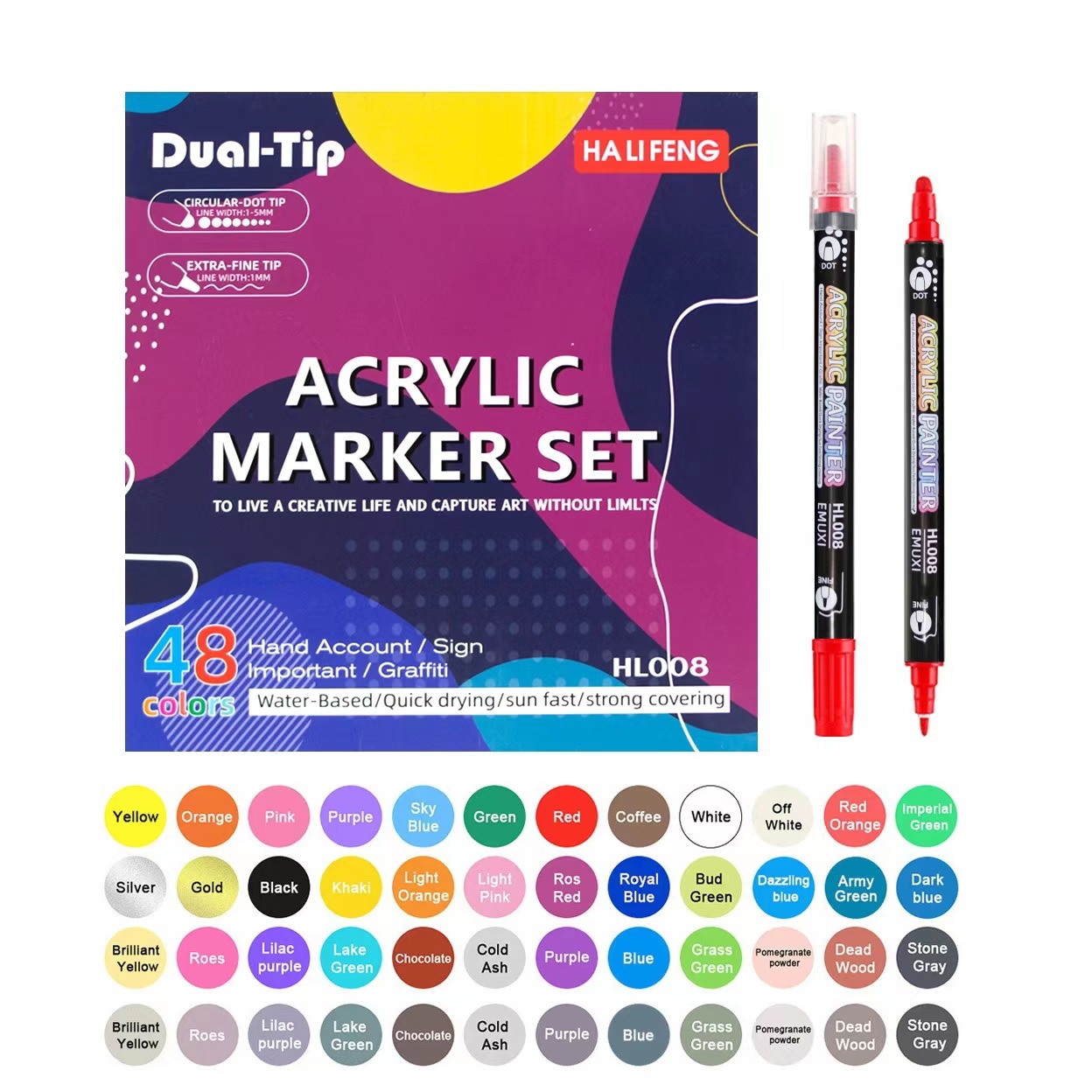 EMUXI Double Head Acrylic Marker Pen Stackable Soft Head Non-transparent Children's Brush Graffiti Watercolor Pen Doodle Head