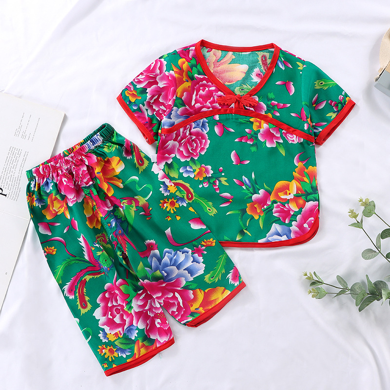 Children's Home Suit Internet Popular Baby's Cotton Silk Northeast Large Flower Short-Sleeved Cropped Pants for Boys and Girls Summer Pajamas Thin
