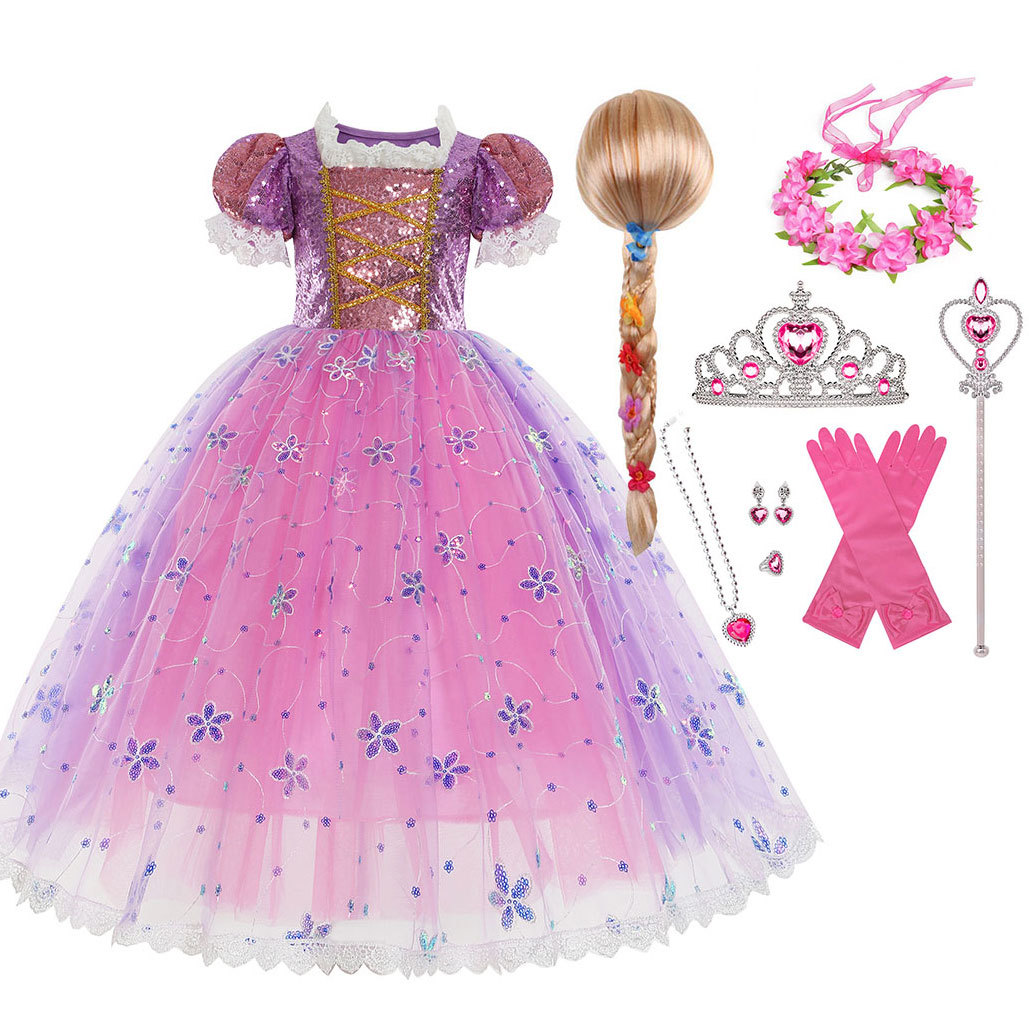Cross-border foreign trade princess dress Halloween children's clothing new dress long hair sequins princess dress long hair Princess a generation