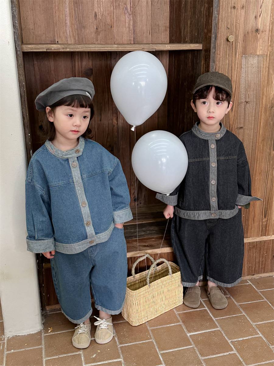 Jiaye children's 2023 children's spring color matching Denim shirt coat baby straight pants cropped pants two-piece suit