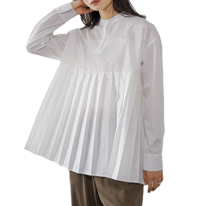 Japanese Letian new 4-color 2022 spring loose pleated shirt Women's Mid-length bottoming shirt Real shot