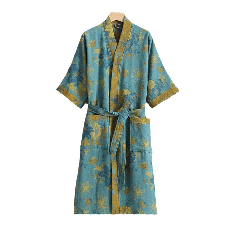 Pure cotton double gauze bathrobe spring and summer thin pajamas nightgown lovers home clothes absorbent quick-drying bathrobe wholesale