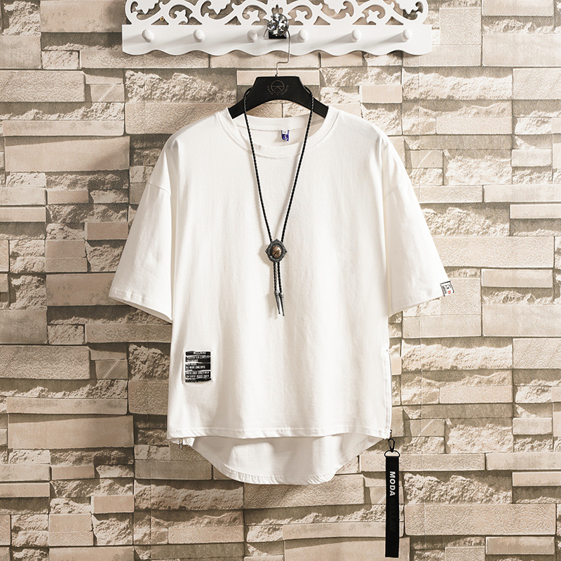 Cross-border a generation of summer solid color labeling short sleeve T-shirt men's plus fat increase loose round hem T-shirt pull