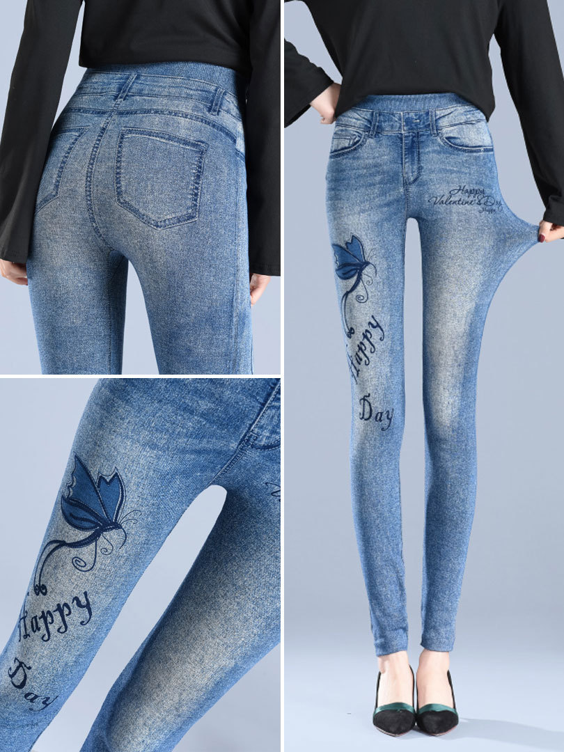 Cross-border autumn and winter imitation denim leggings women's high waist large elastic leggings plus size slim slim pants wholesale