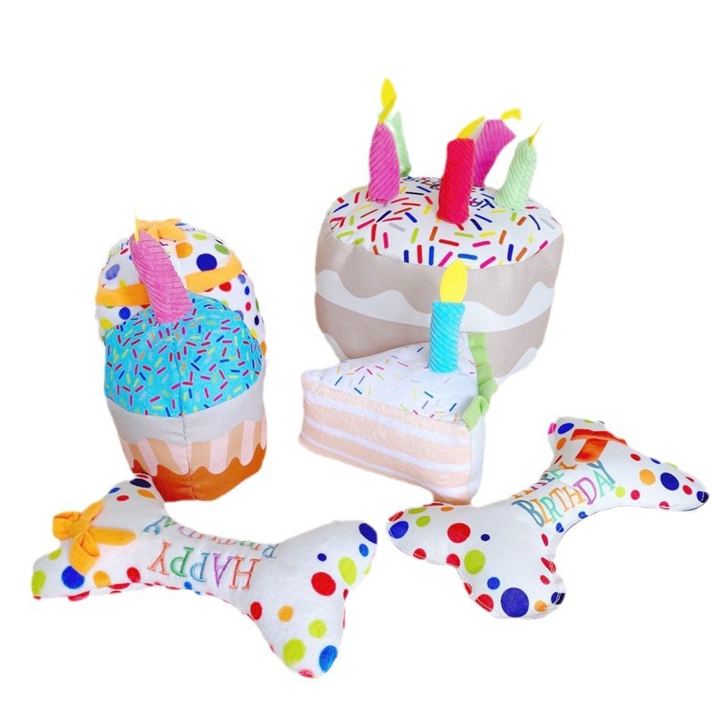 Kitten dog pet birthday cake gift box bite molar toy puppy plush sound relief doll